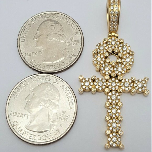 Unique 14K Karat Solid Yellow Gold Designer Ankh Cubic Zirconia Charm Pendant - Picture 7 of 10